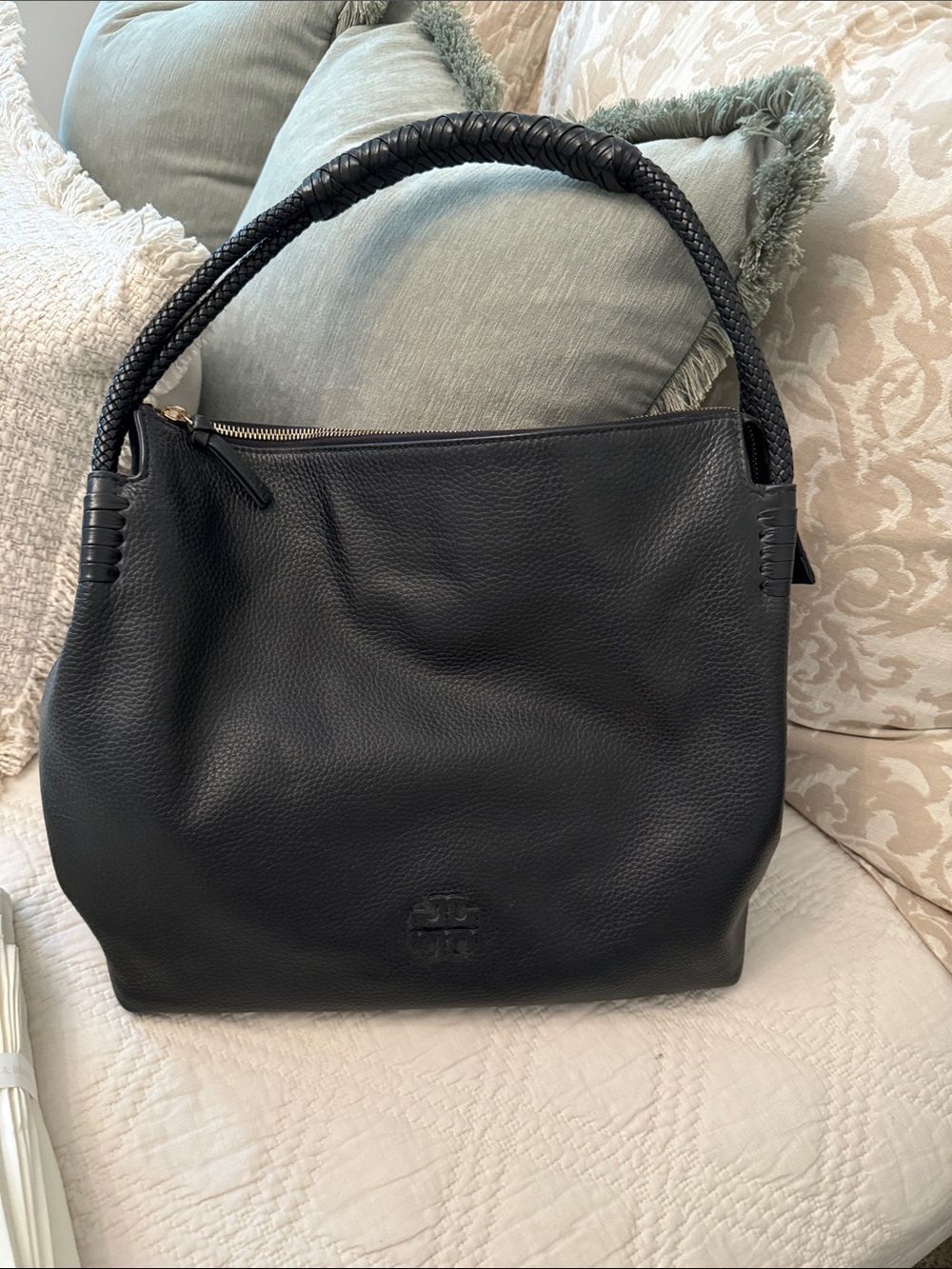 Tory Burch Black Pebbled Leather Hobo bag with Braided Handle